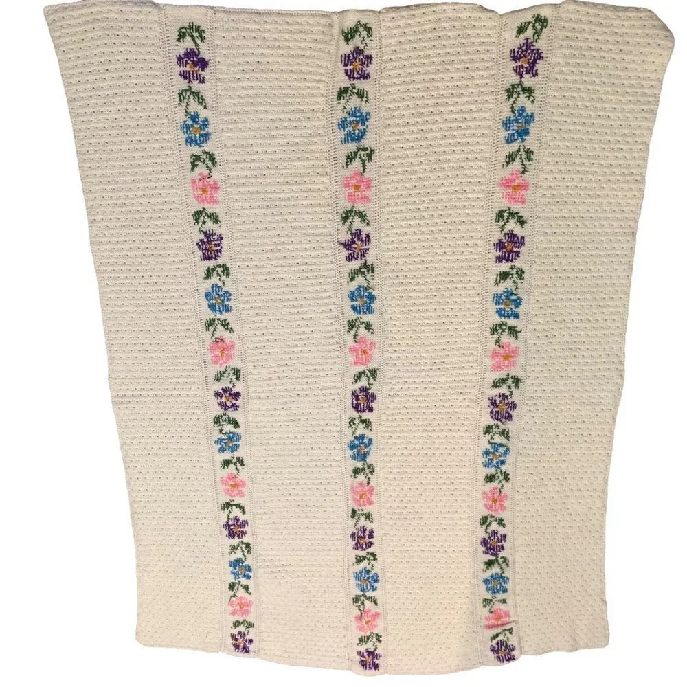 Handmade Crocheted Knit Embroidered Granny Throw Blanket White Floral Stripes 48